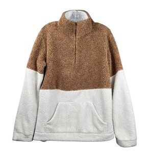 Brown & White Color Block Sherpa Pullover Jacket Cozy Warm Cute Medium